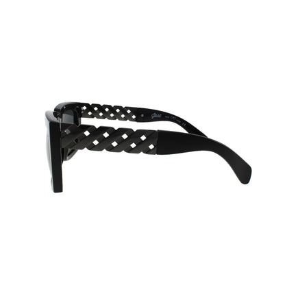 Black sunglasses with braided side arms, viewed from the side, white background.