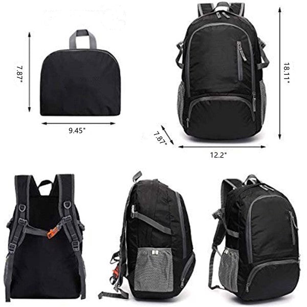 Black backpack displayed from various angles, featuring multiple pockets and adjustable straps.