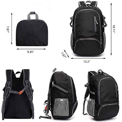 Black backpack displayed from various angles, featuring multiple pockets and adjustable straps.