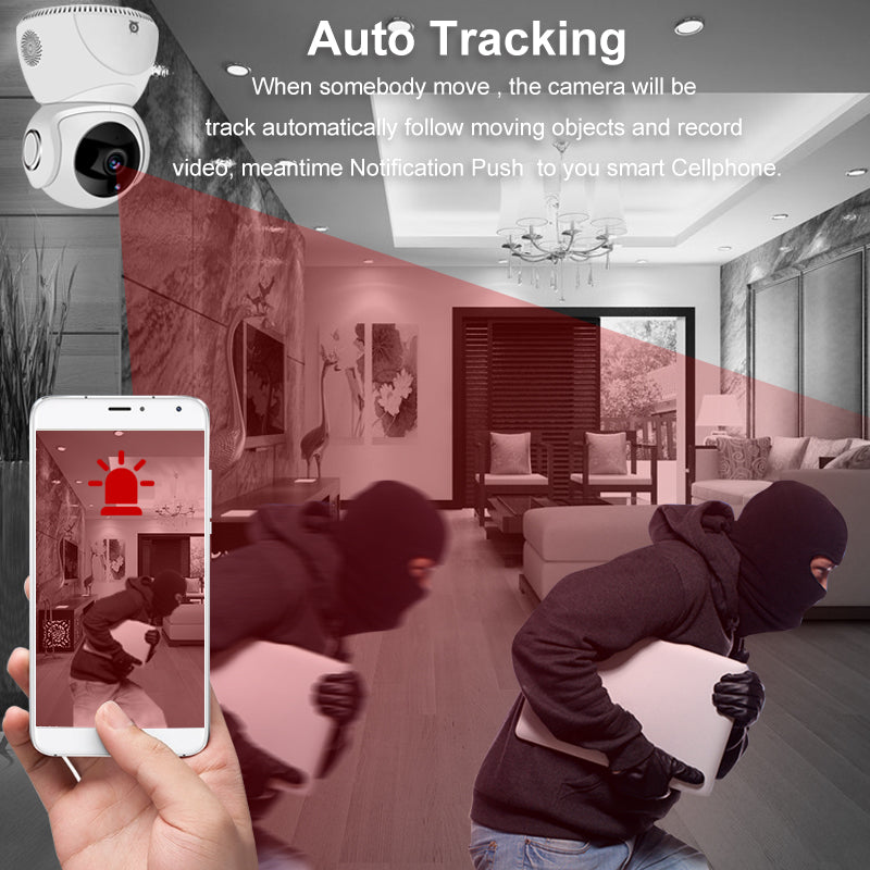 Security camera tracking masked thief in a living room, alarm notification on smartphone screen.