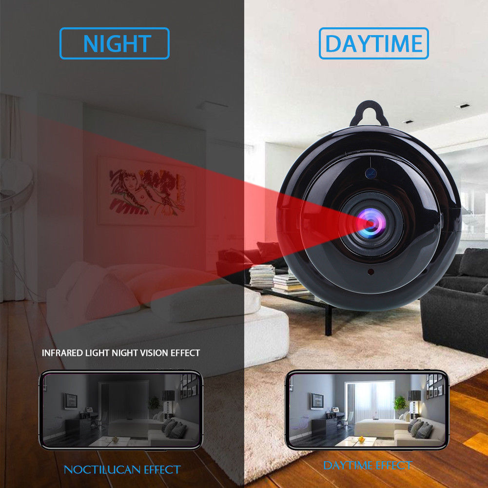 Camera lenses split day and night views; left is night vision in red, right is daytime, bright room.