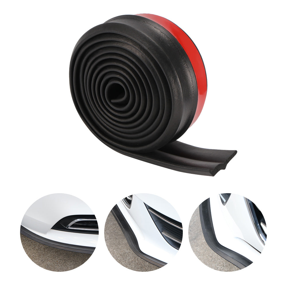 Black coiled car lip spoiler with red adhesive and three circular close-up installation shots.
