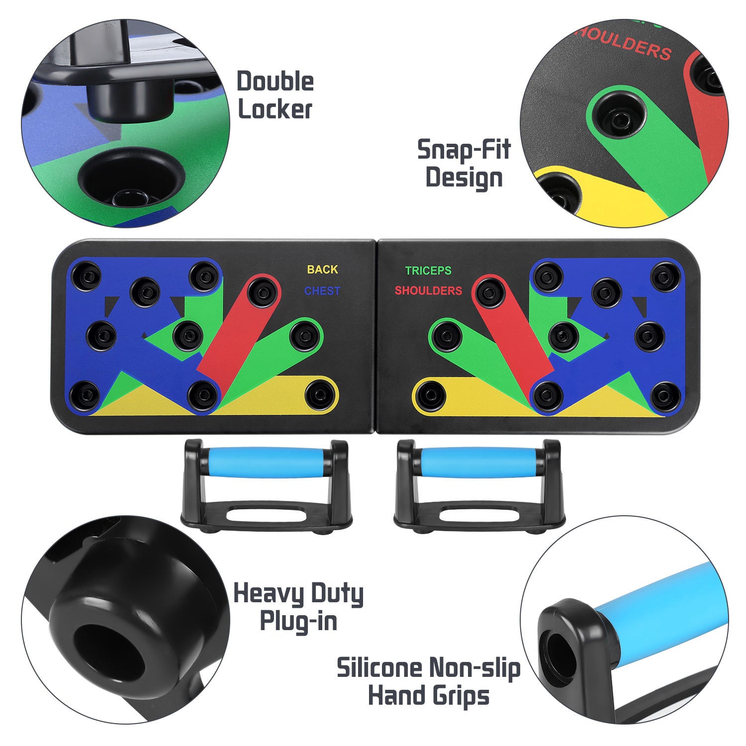 Colorful push-up board with labeled muscle groups, non-slip blue grips, and multiple plug-in holes.