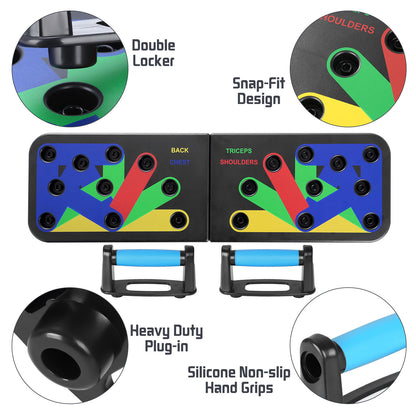 Colorful push-up board with labeled muscle groups, non-slip blue grips, and multiple plug-in holes.