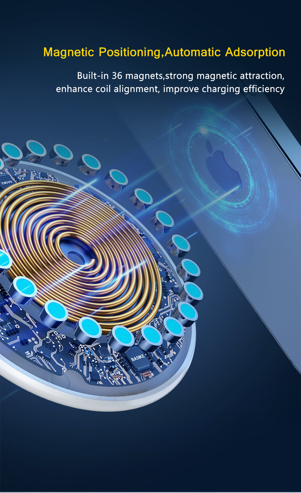 Blue circuit board with coil and magnets, illustrating charging technology. Text: "Magnetic Positioning".