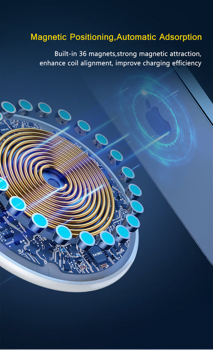 Blue circuit board with coil and magnets, illustrating charging technology. Text: "Magnetic Positioning".