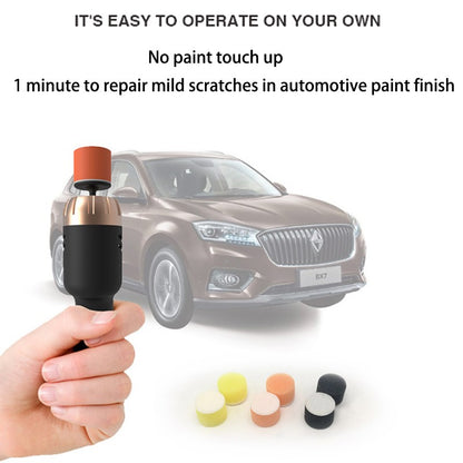 Hand holds buffing tool with orange pad, brown car in background; colorful pads below.