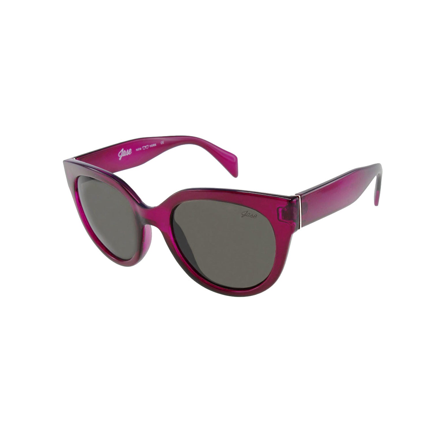 Purple cat-eye sunglasses with dark lenses, featuring glossy frames and slightly curved arms.