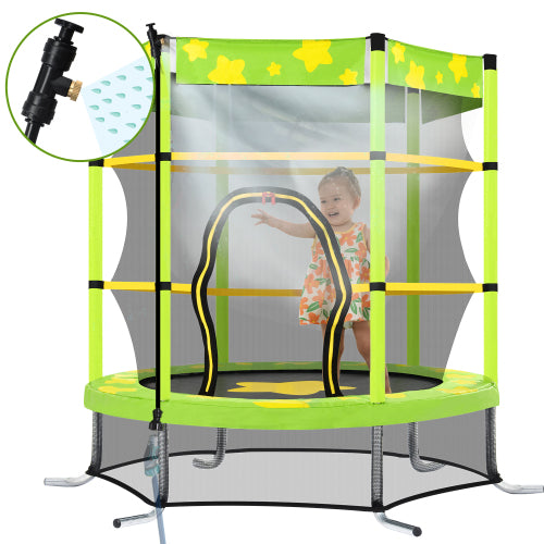 Green trampoline with safety net, star pattern, and sprinkler feature. Child playing inside.
