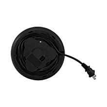 Black circular coil with a wrapped cord and attached plug.