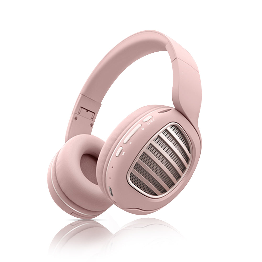 Pink over-ear headphones with silver mesh detail and control buttons along one side.