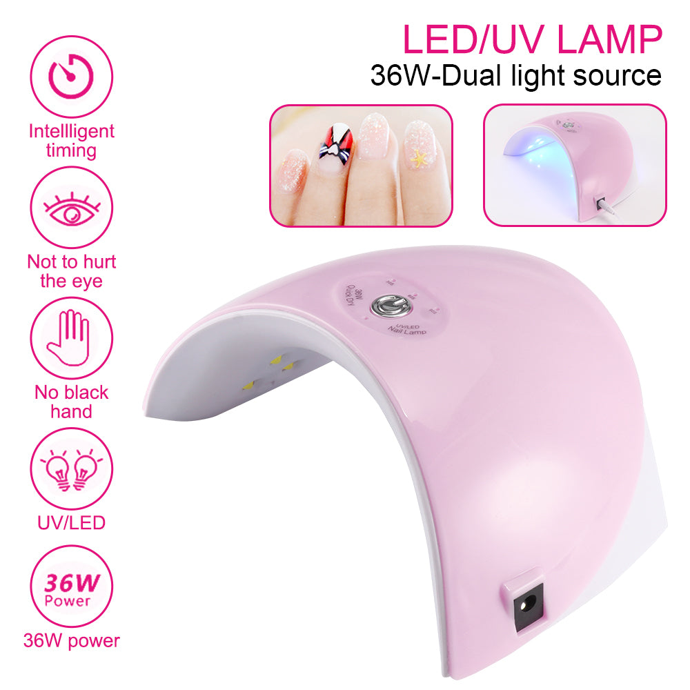 Pink LED/UV lamp for nails, 36W power, features curved design and control button on top.
