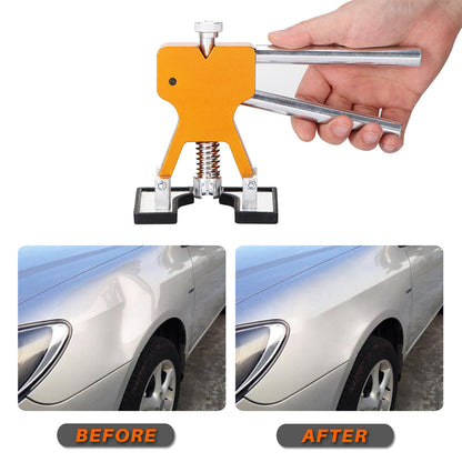Yellow dent repair tool with handles, before and after images showing car dent removal.