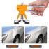 Yellow dent repair tool with handles, before and after images showing car dent removal.
