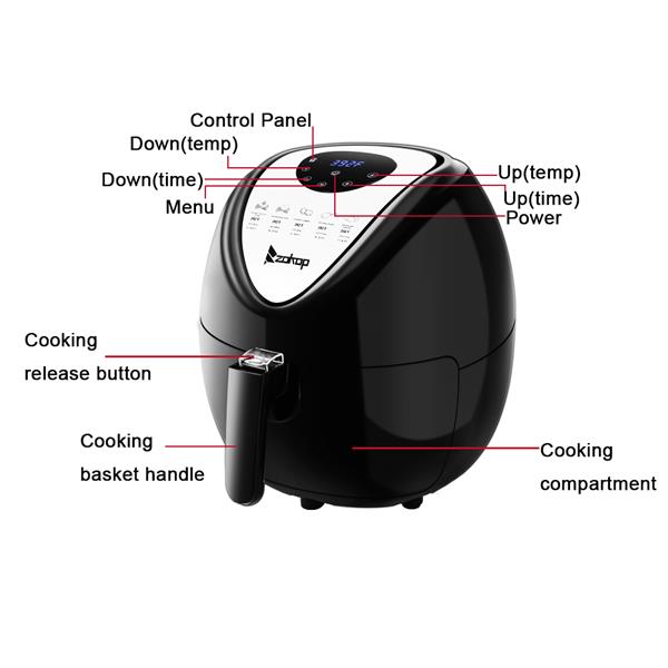 Black air fryer with labeled parts including control panel, handle, and cooking compartment.