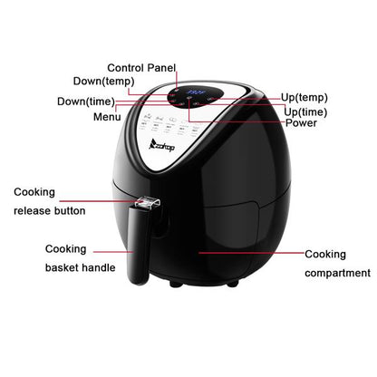 Black air fryer with labeled parts including control panel, handle, and cooking compartment.