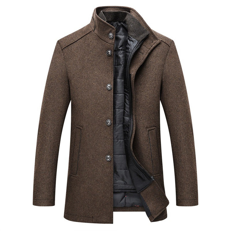 Brown coat with buttons, high collar, and padded black interior lining.