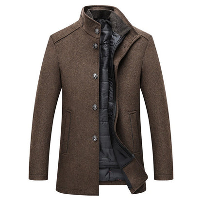 Brown coat with buttons, high collar, and padded black interior lining.