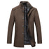 Brown coat with buttons, high collar, and padded black interior lining.