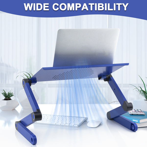 Blue adjustable laptop stand with ventilation, holding a laptop. White keyboard and mouse below.