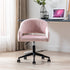 Pink ribbed office chair on wheels in a bright room, near a desk with a laptop and vase.