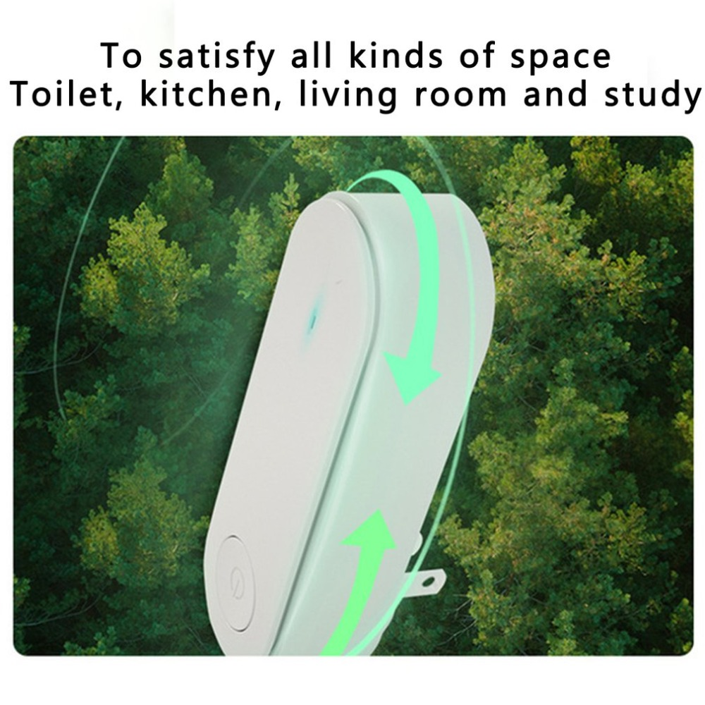 White device with green arrows over a forest background, promoting versatility for various spaces.