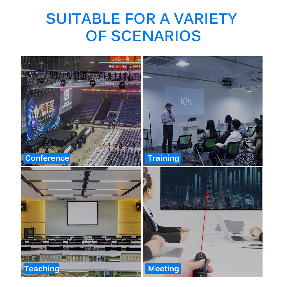 Collage of conference, training, teaching, and meeting scenarios with digital screens and seating.