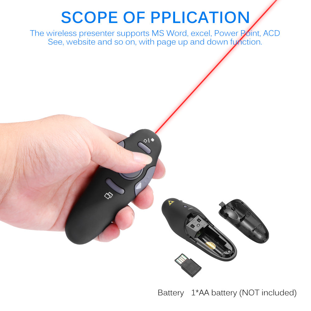 Hand holding black wireless presenter with red laser, buttons, USB dongle, and battery compartment.