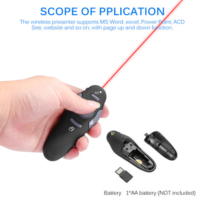 Hand holding black wireless presenter with red laser, buttons, USB dongle, and battery compartment.