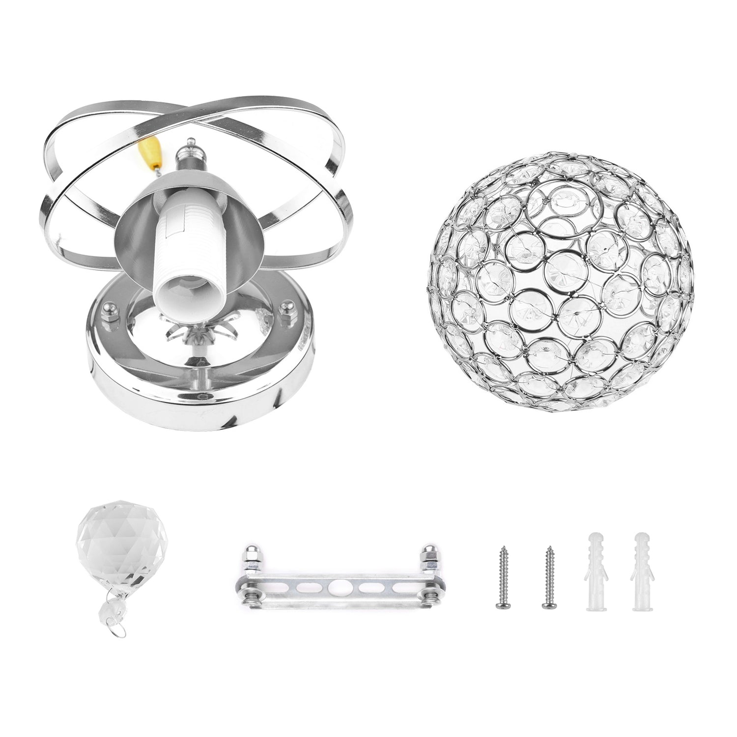 Silver light fixture parts with a crystal globe and mounting hardware on a white background.