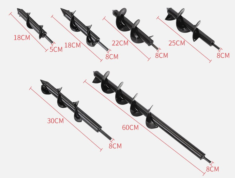 Seven black metal auger drill bits of varying lengths with measurements in centimeters.