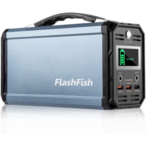 Portable power station with blue body, black handle, and green battery level display on front.