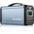 Portable power station with blue body, black handle, and green battery level display on front.