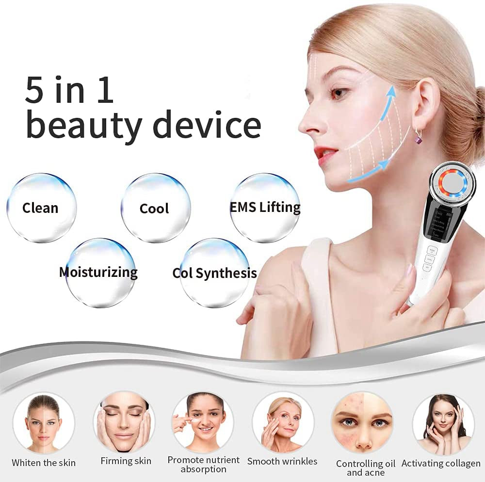 Woman using a white 5-in-1 beauty device; text and icons describe its skincare benefits.