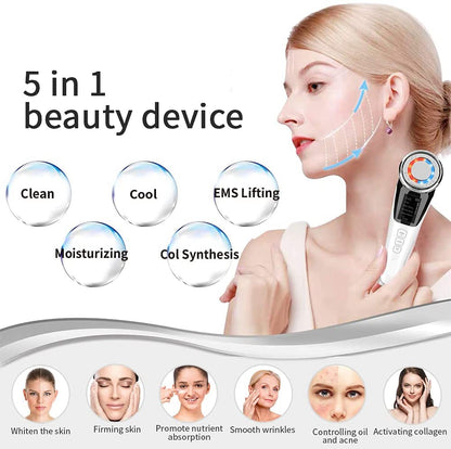 Woman using a white 5-in-1 beauty device; text and icons describe its skincare benefits.