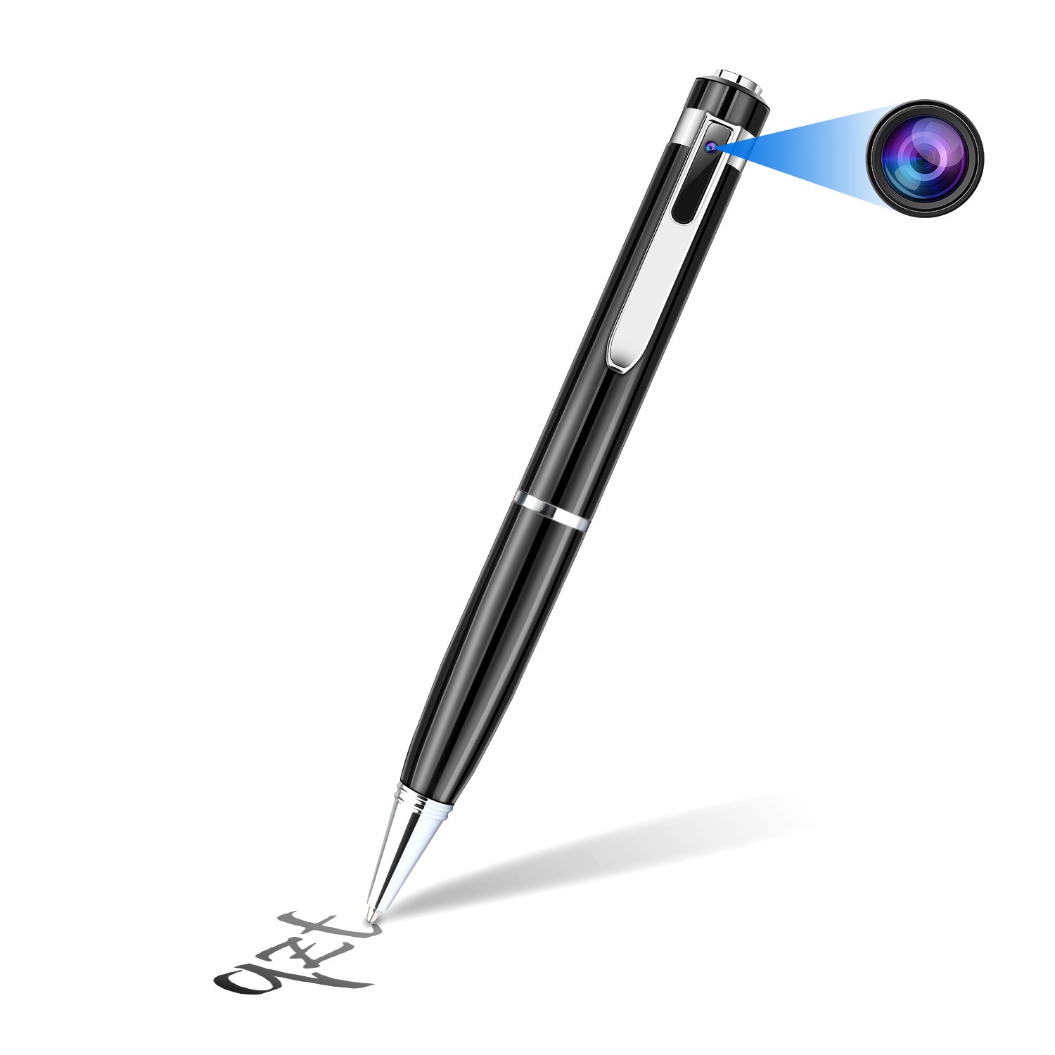 A sleek black pen with silver accents, writing on a white surface, features a camera lens.