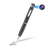 A sleek black pen with silver accents, writing on a white surface, features a camera lens.