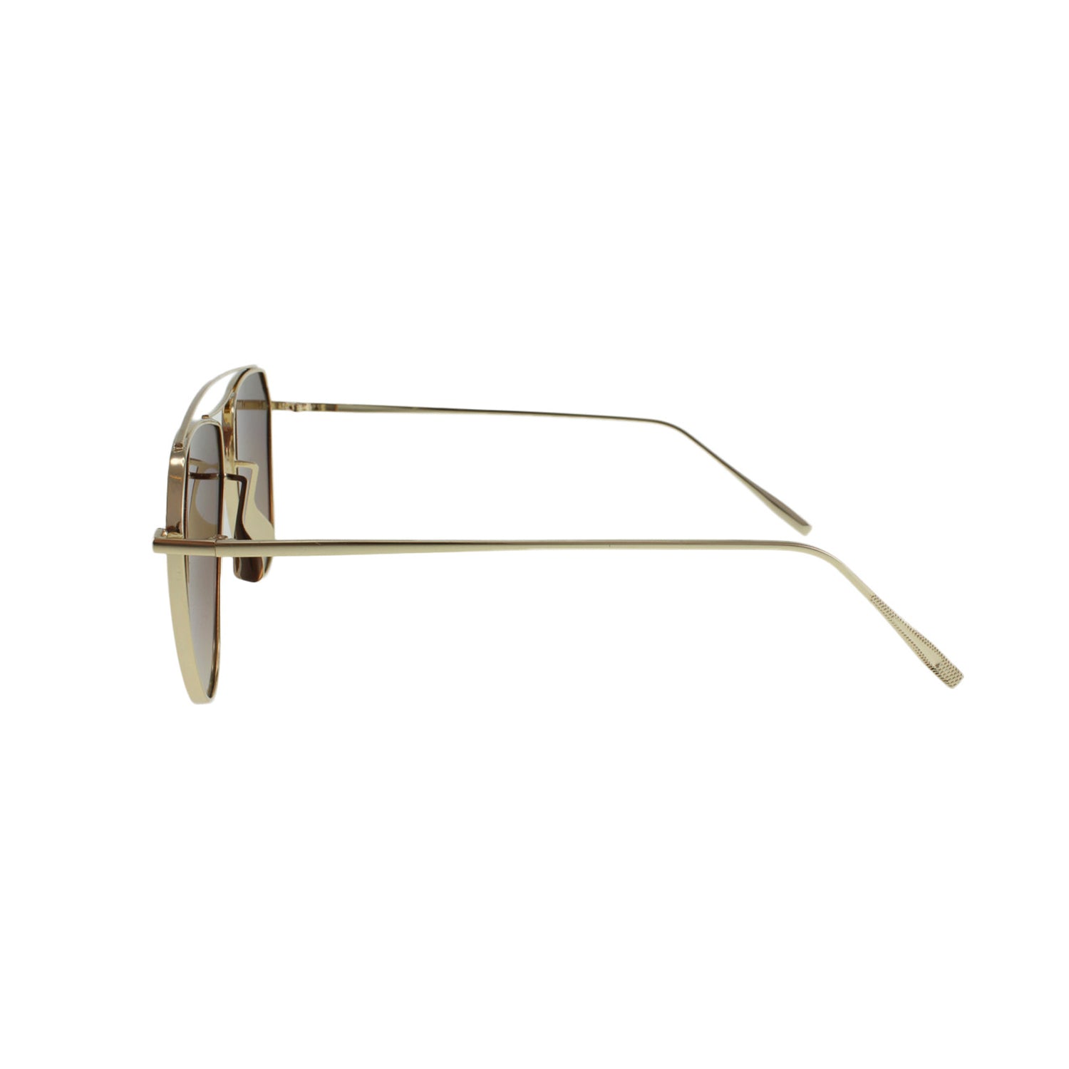 Side view of gold-framed sunglasses with thin arms and tinted lenses on a white background.