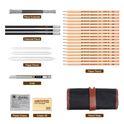 Art supplies: pencil extender, charcoal pencils, paper pencils, knife, erasers, and a pencil wrap.