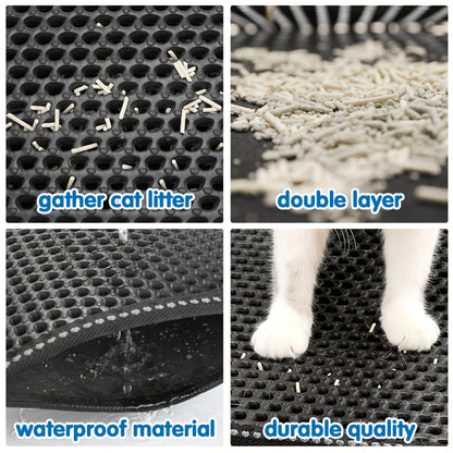 Black mat with holes, trapping cat litter; shows double layer, waterproof material, cat paws.