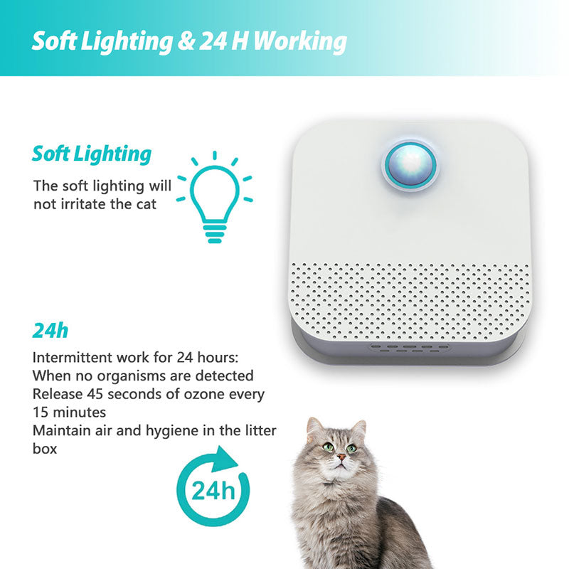 White air purifier with blue light, gray base, next to gray cat and teal 24h and lightbulb icons.