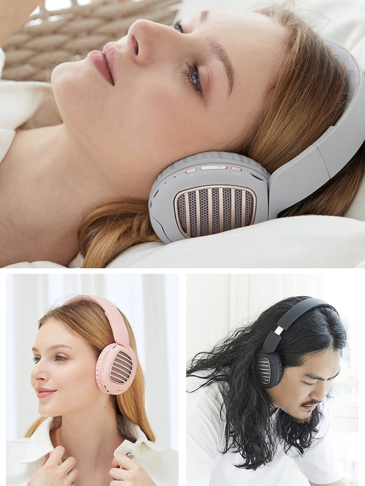 Three people wearing headphones: gray, pink, and black, in relaxed indoor settings.
