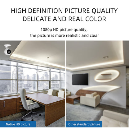 Split image of office: left sharp, clear window view; right blurry and less detailed interior.