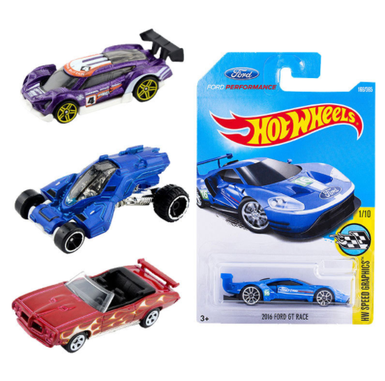 Four toy cars: purple, blue, and red; blue Ford GT in Hot Wheels packaging.