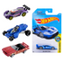 Four toy cars: purple, blue, and red; blue Ford GT in Hot Wheels packaging.