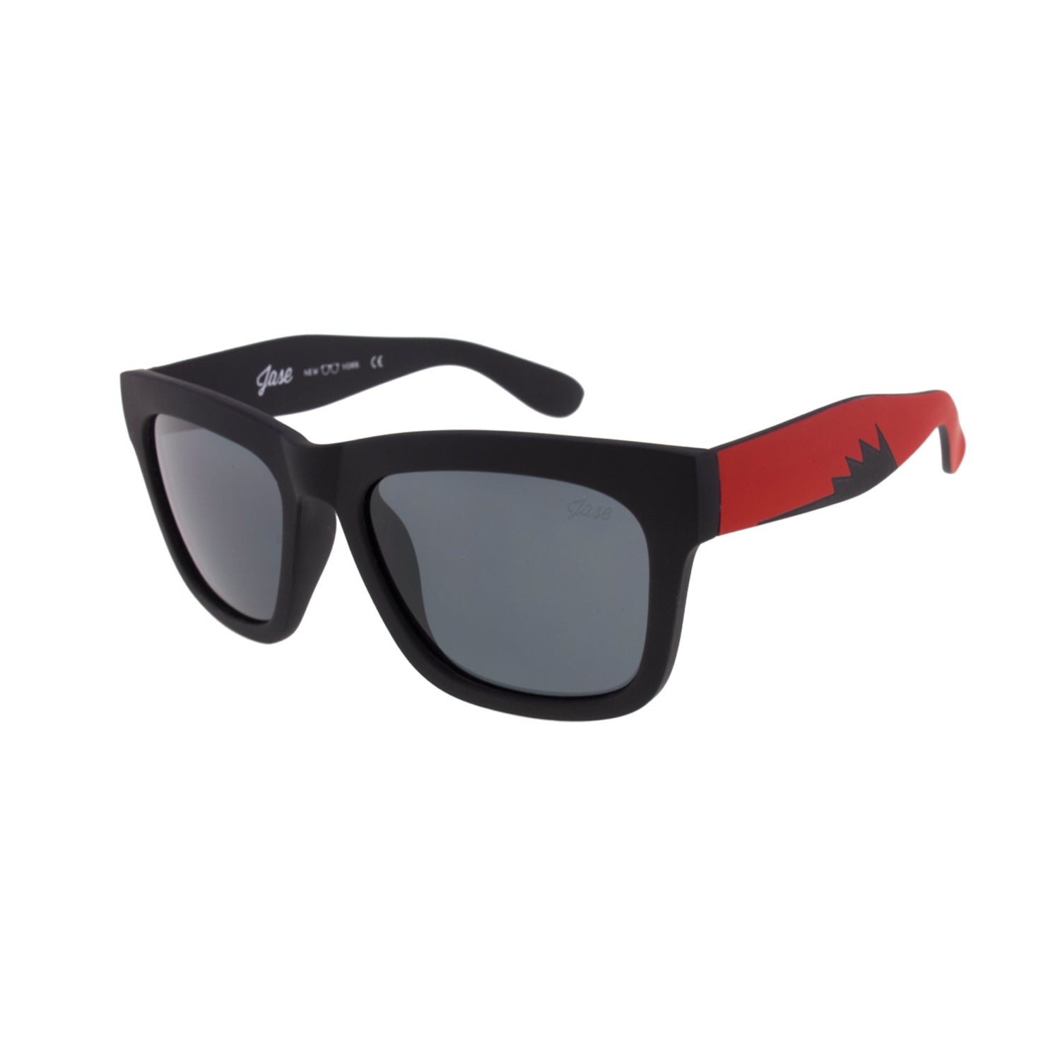 Black sunglasses with red arms and a zigzag pattern on the sides, grey lenses.
