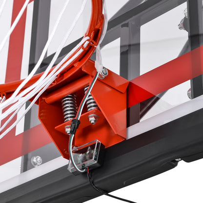 Close-up of a basketball hoop with an orange rim, white net, and a backboard with red accents.