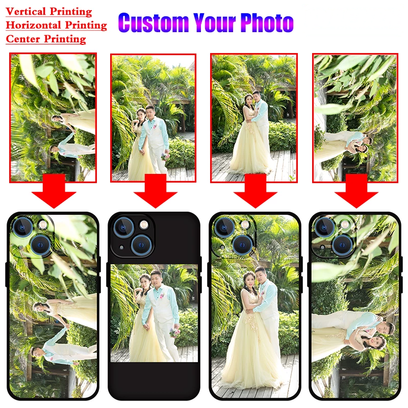 Custom phone case designs with a couple in wedding attire amid lush greenery.