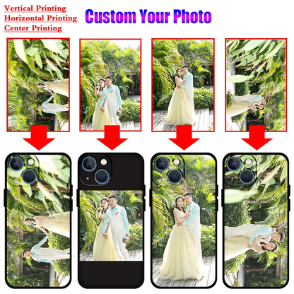Custom phone case designs with a couple in wedding attire amid lush greenery.
