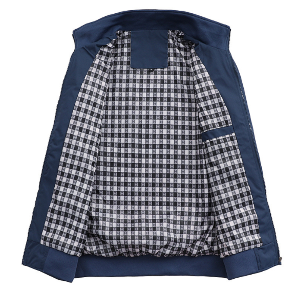 Open navy blue jacket with a black and white checkered lining and a pocket on the right side.
